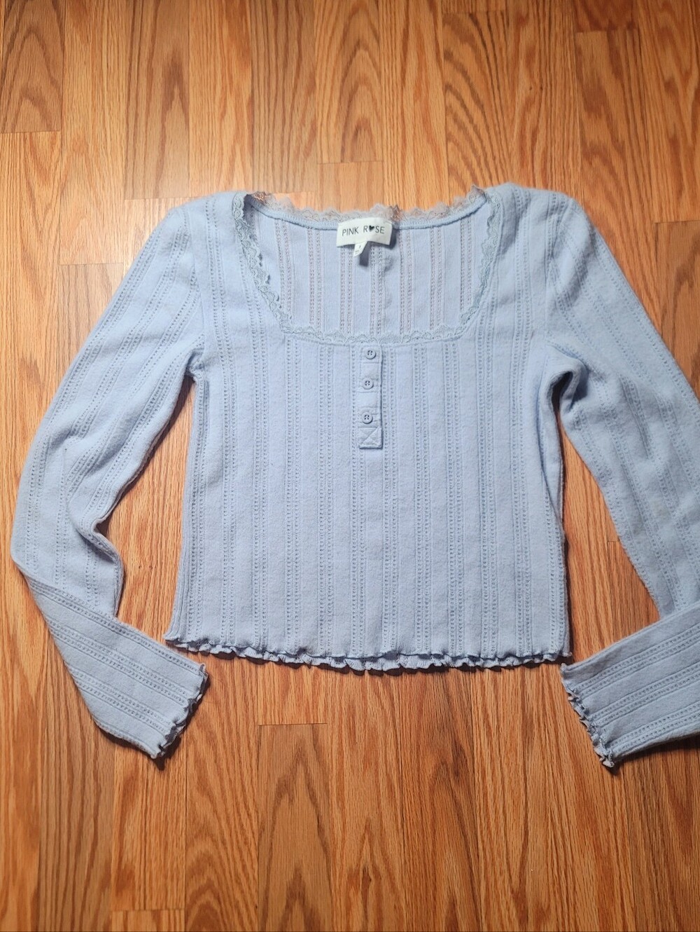 Pink Rose Pale Blue Ribbed Long Sleeve Top Small